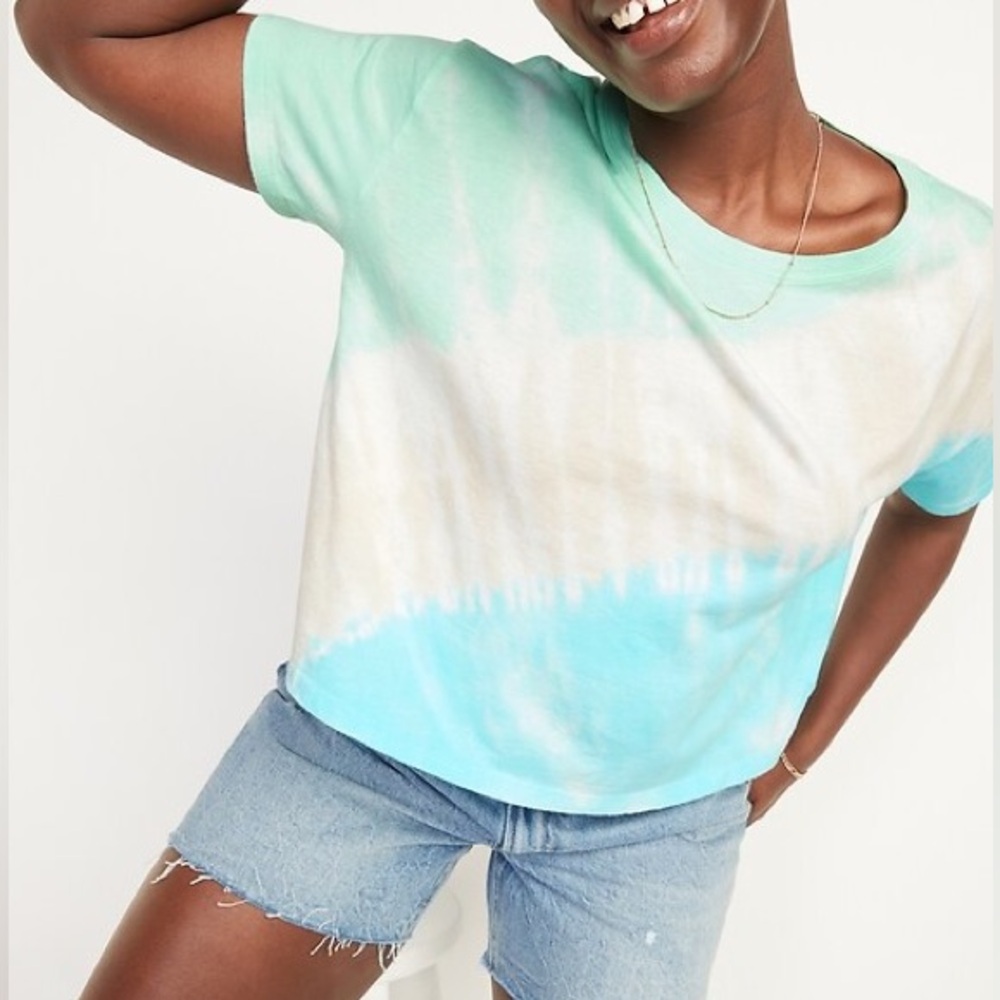 🌻3/$20 Old Navy Blue & Teal Tie Dye Print Super Soft Crop Tee Shirt, Size L